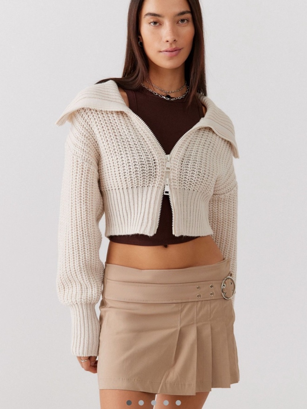 Urban Outfitters Cream Cropped Zip Knit Cardigan
